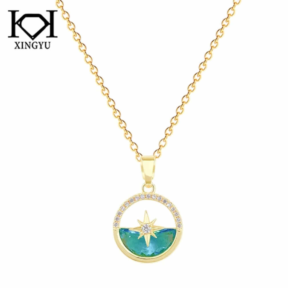 Minimalist North Star Compass Necklace, Stainless Steel Ocean Blue Pendant, Gold Plated