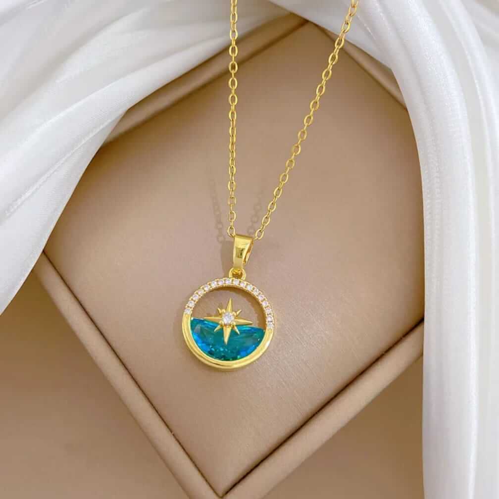 Minimalist North Star Compass Necklace, Stainless Steel Ocean Blue Pendant, Gold Plated