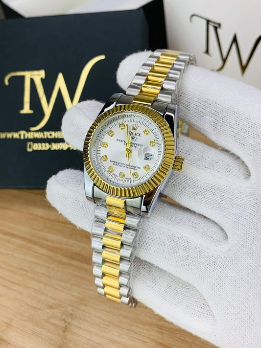 Roolex Wrist Watch Two Tone Silver & Gold With White Dial (Generic Quality)