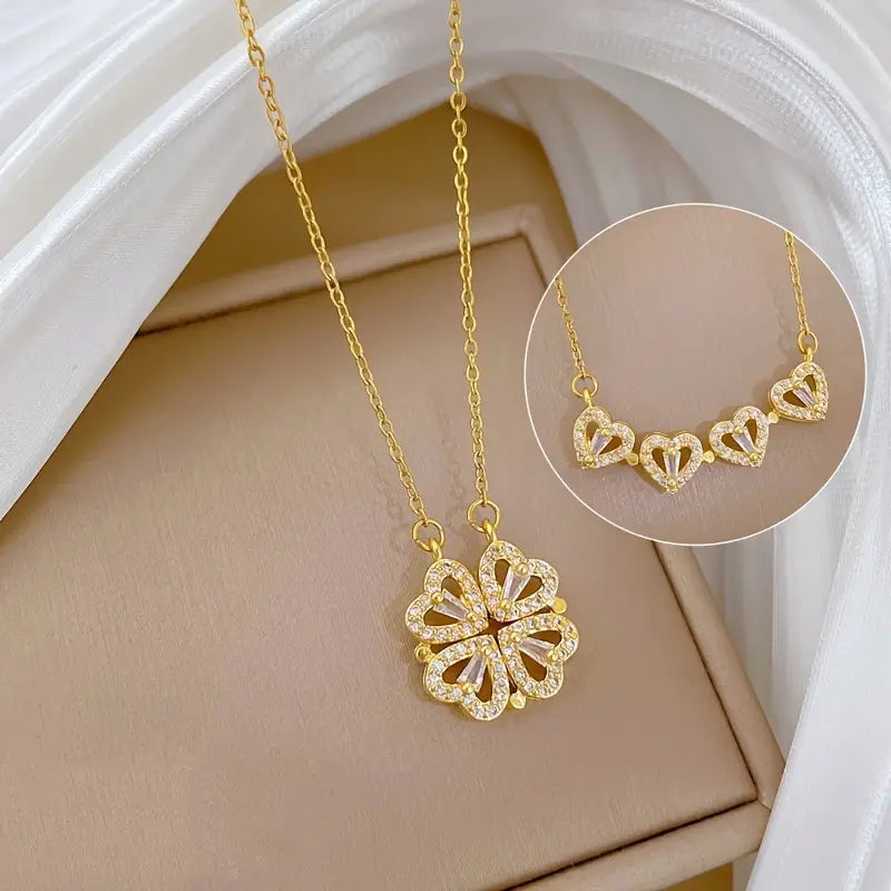 Magnetic Folding Heart Shaped Four Leaf Clover Pendant Necklace For Women