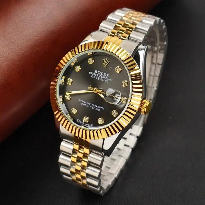 Luxury Pure Golden Silver Black Dial lining Stainless Steel Watch – Premium Design