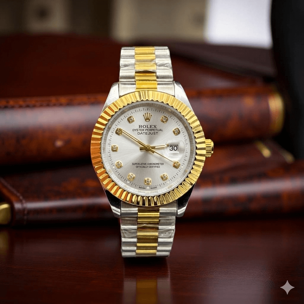 Roolex Wrist Watch Two Tone Silver & Gold With White Dial (Generic Quality)