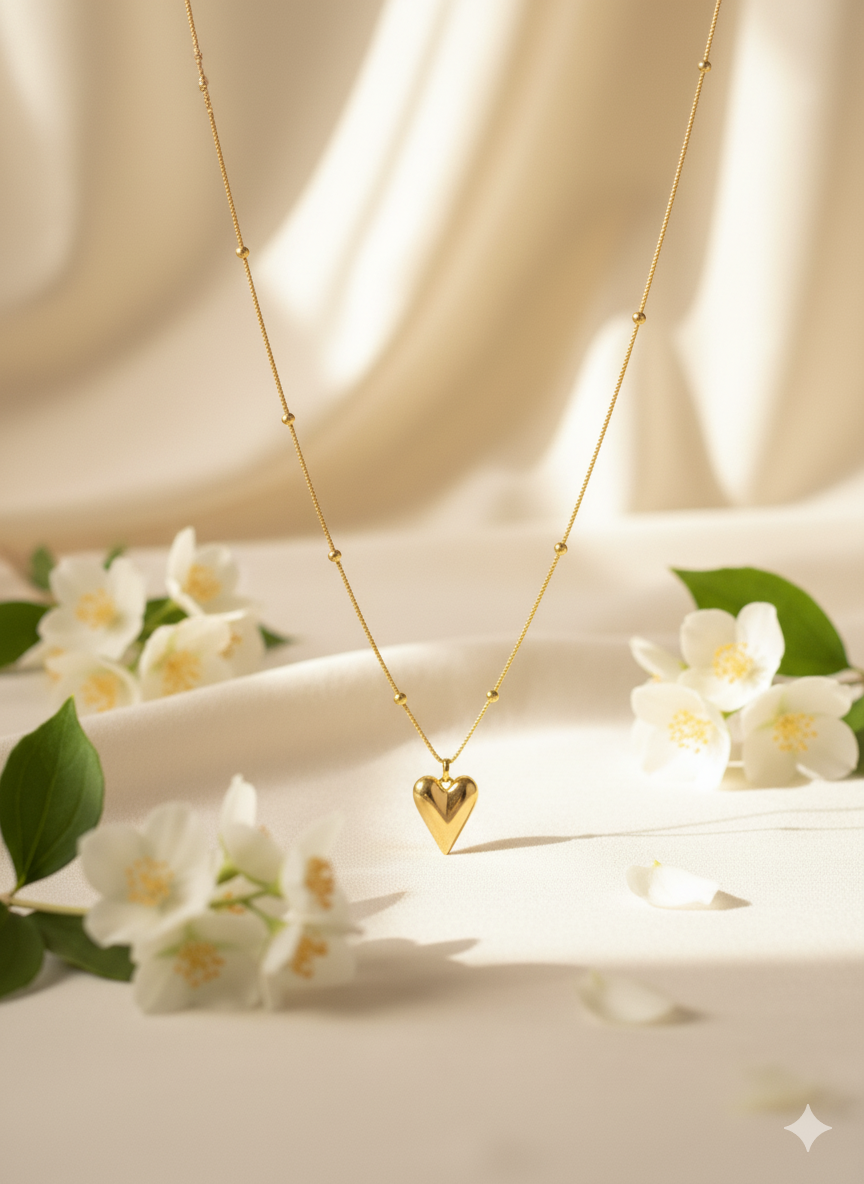 Golden Heart Stainless Steel Necklace with Beaded Chain – Elegant Minimal Love Pendant