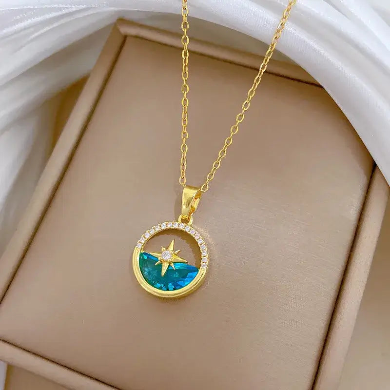 Minimalist North Star Compass Necklace, Stainless Steel Ocean Blue Pendant, Gold Plated