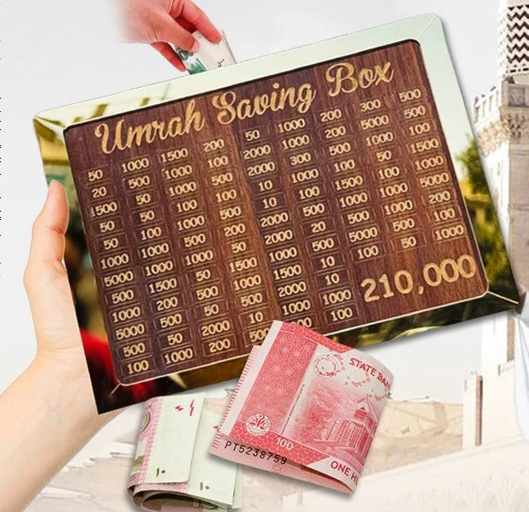 Umrah Savings Box 280 Days Wooden Money Saving Jar for Hajj Umrah Islamic Halal Savings Plan Daily Pilgrimage Tracker Gift for Muslims Eid Ramadan Savings Box
