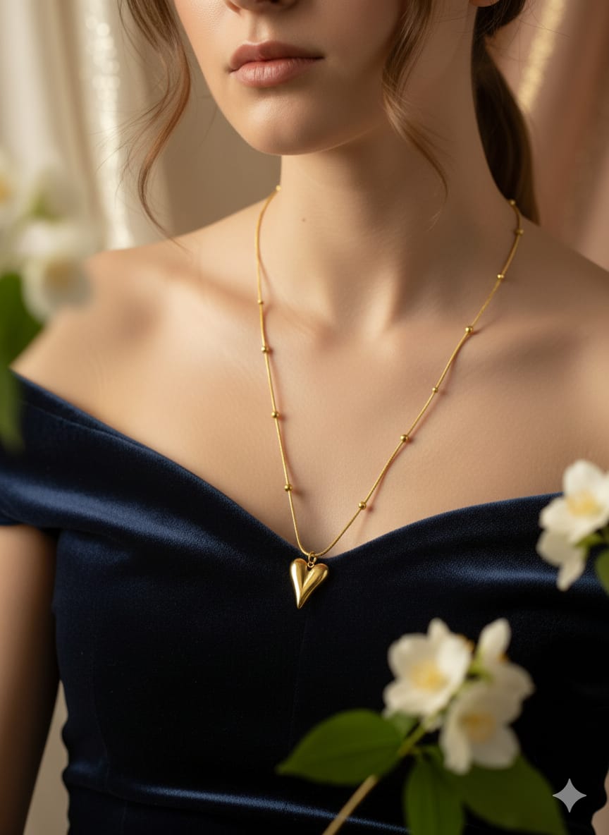 Golden Heart Stainless Steel Necklace with Beaded Chain – Elegant Minimal Love Pendant