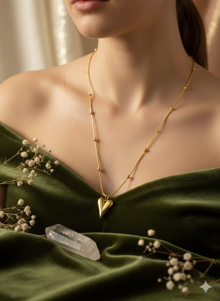 Golden Heart Stainless Steel Necklace with Beaded Chain – Elegant Minimal Love Pendant