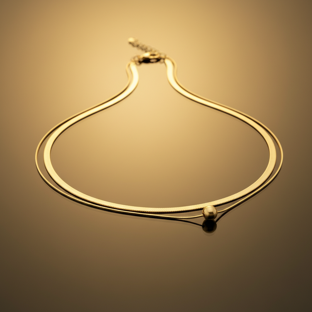 Gold Double Layer Snake Chain Necklace with Bead Accent