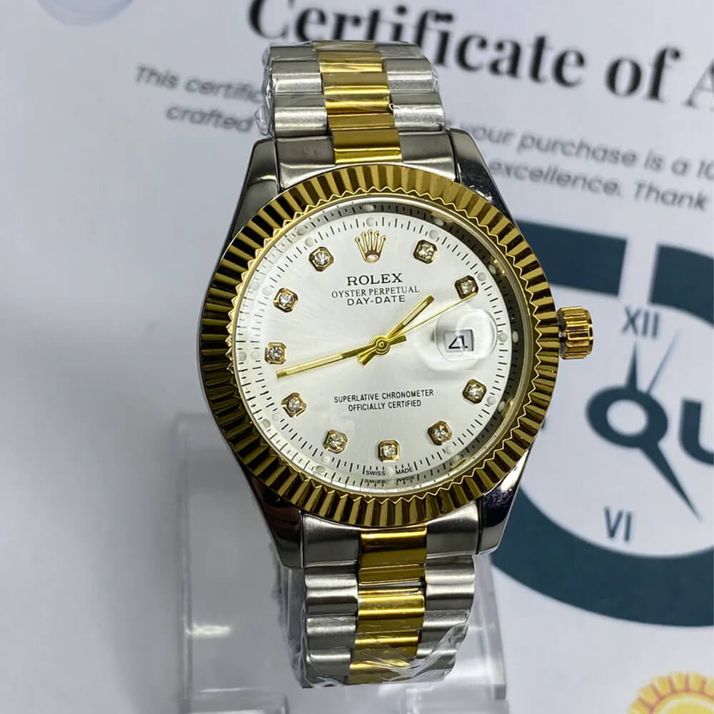 Roolex Wrist Watch Two Tone Silver & Gold With White Dial (Generic Quality)