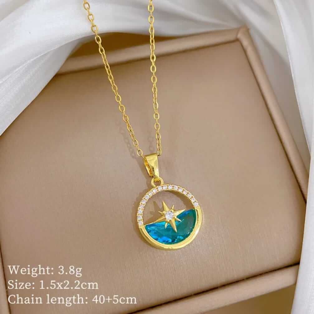 Minimalist North Star Compass Necklace, Stainless Steel Ocean Blue Pendant, Gold Plated