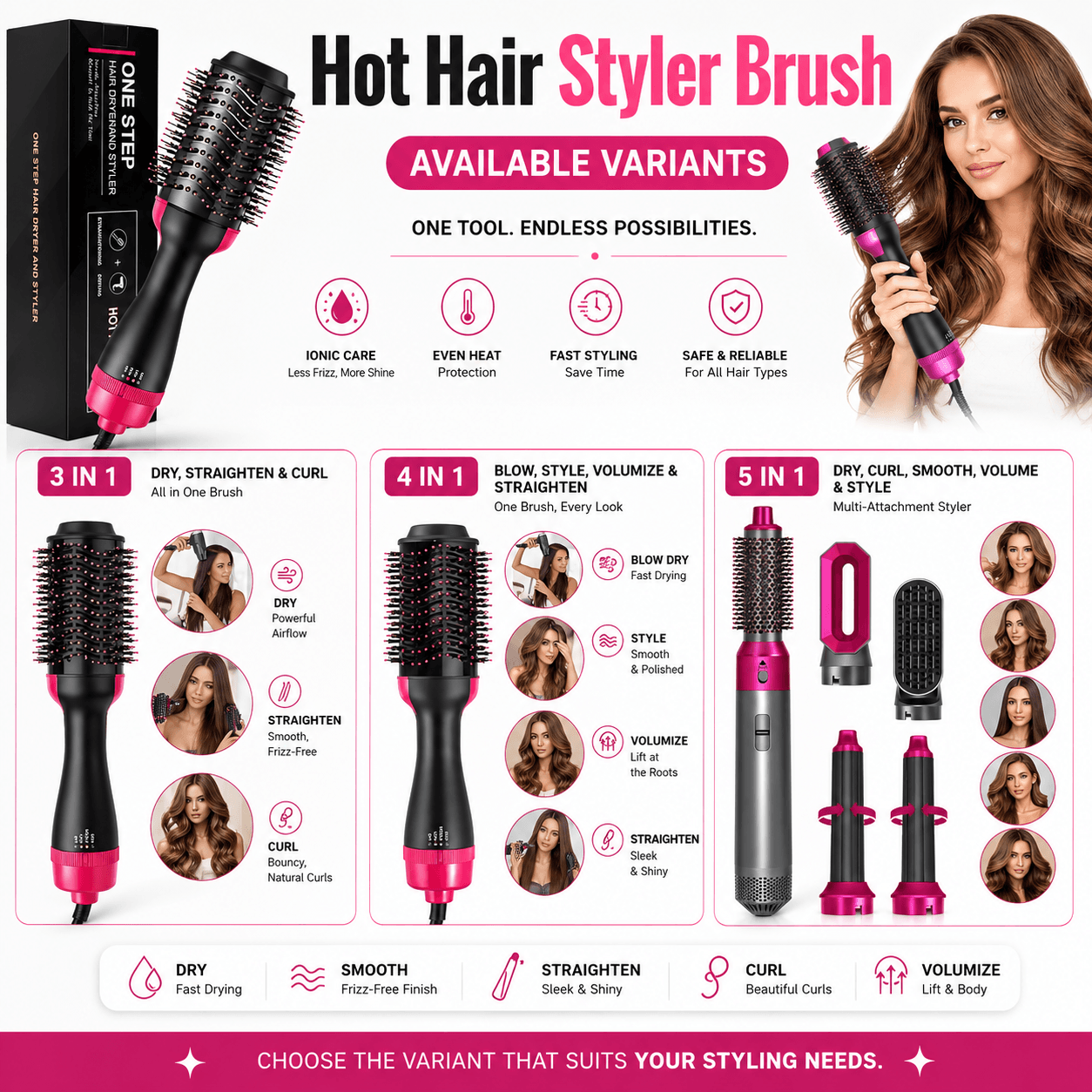 3-in-1 / 4-in-1 / 5-in-1 Hot Air Styler Brush – Dry, Smooth, Volumize & Curl