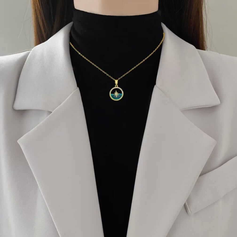 Minimalist North Star Compass Necklace, Stainless Steel Ocean Blue Pendant, Gold Plated